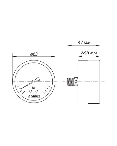 Манометр аксіальний (KOER KM.611A) (0-4 bar). D = 63мм. 1/4'' (KR0210)