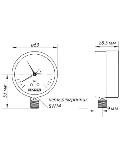 Манометр радіальний (KOER KM.621R) (0-4 bar). D = 63мм. 1/4''  (KR0206)