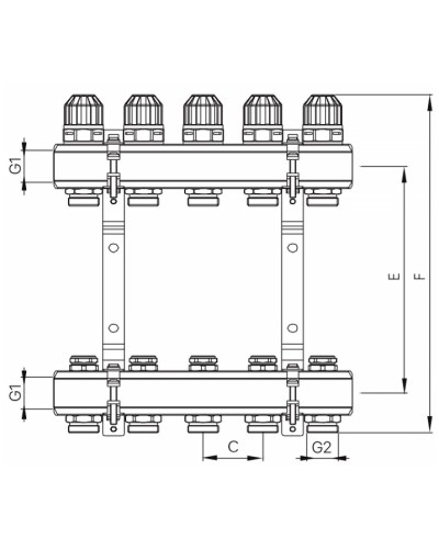 Колекторний блок з термостатичними клапанами KOER KR.1100-09 1"x9 WAYS (KR2635)