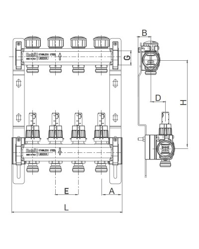 Колектор з витратоміром та термостатичними клапанами Roho R804-04 - 1"х 4 вих. (RO0036)