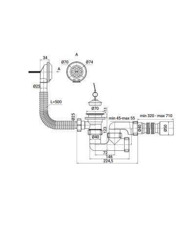 Сифон для ванны ZERIX SV-02-A 1 1/2" с ревизией. выпуском и переливом (ZX4958)