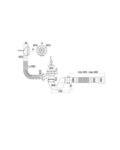 Сифон для ванной ZERIX SV-01-A 1 1/2" прямоточный с выпуском и переливом (ZX4957)