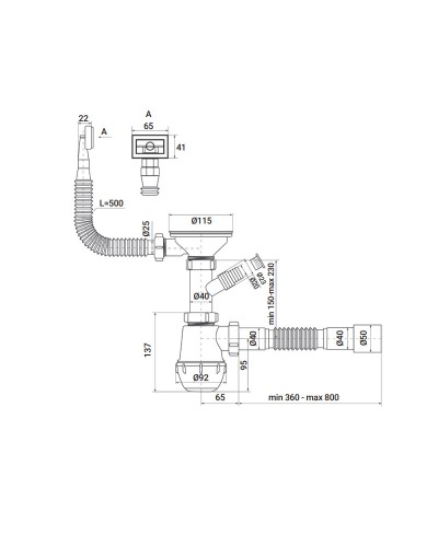 Сифон для кухні ZERIX SK-02-B 3 1/2"x40 з різьбовим випуском та відводом для пральної машини (ZX495