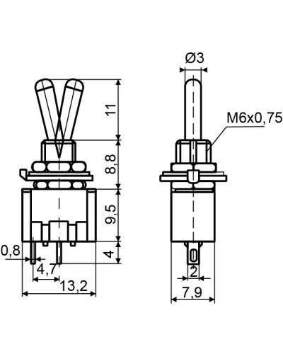 Тумблер MTS-111 (ON)-OFF 2Пол. *2Конт.