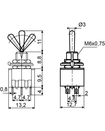 Тумблер MTS-203 ON-OFF-ON 3Пол. *6Конт.