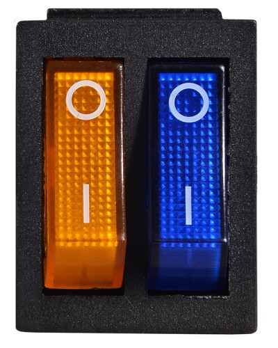 KCD2-2101N BL+YL/B 220V Переключатель 2 клав. желтый+синий с подсветкой