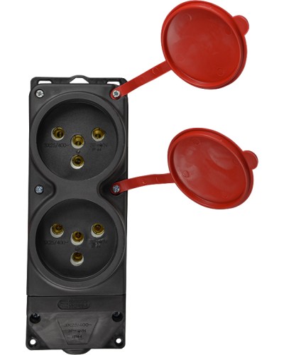 Колодка каучуковая 3Р+РЭ с защитными крышками двухместная (2×25А) IP44