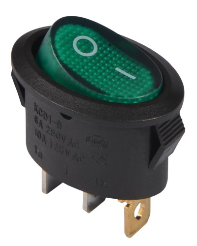 KCD1-9-101N C3-GR/B 220V Переключатель 1 клав. овал. зеленый с подсветкой