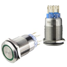 TYJ 19-272 Кнопка металлическая плоская с подсветкой, 2NO+2NC, зеленая 220V.