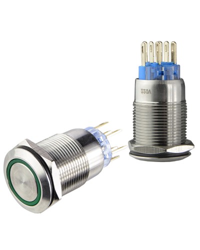 TYJ 19-272 Кнопка металлическая плоская с подсветкой, 2NO+2NC, зеленая 220V.
