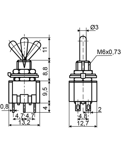 Тумблер MTS-123 (ON)-OFF-(ON) 3Пол. *3Конт.
