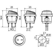 KCD1-5-101NW BL/B 220V Переключатель 1 клав.круглый влагоз. синий с подсветкой