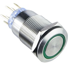 TYJ 19-272 Кнопка металлическая плоская с подсветкой, 2NO+2NC, зеленая 220V.