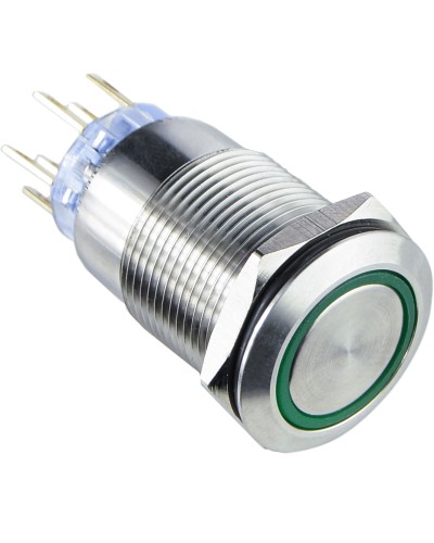 TYJ 19-272 Кнопка металлическая плоская с подсветкой, 2NO+2NC, зеленая 220V.
