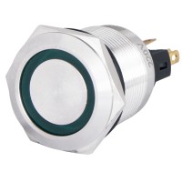 TYJ 22-371 Кнопка металлическая плоская с фиксацией. 1NO+1NC, с подсветкой, зеленая 220V.