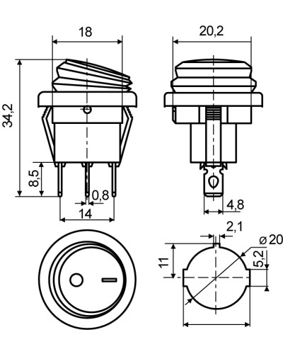 KCD1-8-101NW BL/B 220V Переключатель 1 клав.круглый влагоз. синий с подсветкой