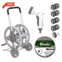 Металлическая тележка со шлангом 1/2" 50м и аксессуарами, комплект для полива, SILVER PRO SET, WHITE LINE, WL-AG33350SET1