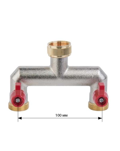 Розподільник латунний нікельований з внутрішньою різьбою 3/4". 2 кульових крана зовнішня різьба 3/4". BRASS. BR-3034