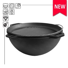 Казан чугунный азиатский Brizoll 15 л с крышкой-сковородой гриль и подставкой