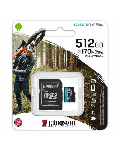 microSDXC (UHS-1 U3) Kingston Canvas Go Plus 512Gb class 10 A2 V30 (R170MB/s, W90MB/s) (adapter SD) (SDCG3/512GB)