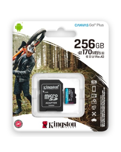 microSDXC (UHS-1 U3) Kingston Canvas Go Plus 256Gb class 10 A2 V30 (R170MB/s, W90MB/s) (adapter SD) (SDCG3/256GB)