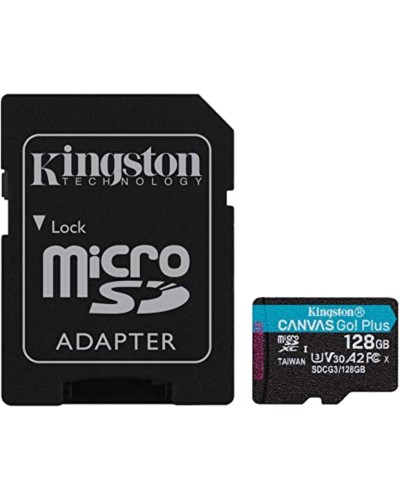 microSDXC (UHS-1 U3) Kingston Canvas Go Plus 128Gb class 10 A2 V30 (R170MB/s, W90MB/s) (adapter SD) (SDCG3/128GB)