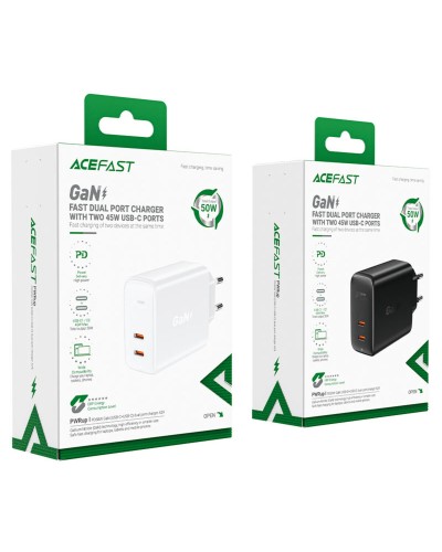 Мережевий зарядний пристрій ACEFAST A29 PD50W GaN (USB-C+USB-C) dual port charger White (AFA29W)