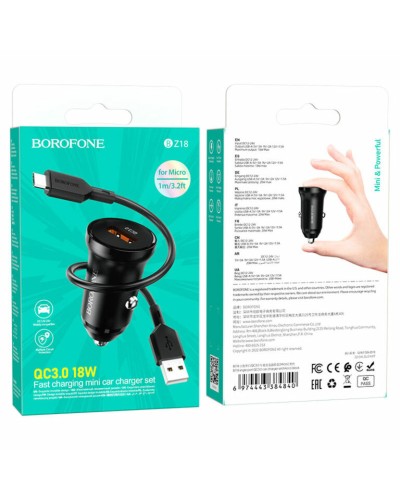 Автомобільний зарядний пристрій BOROFONE BZ18 single port QC3.0 car charger set(Micro) 18W Black (BZ18MB)