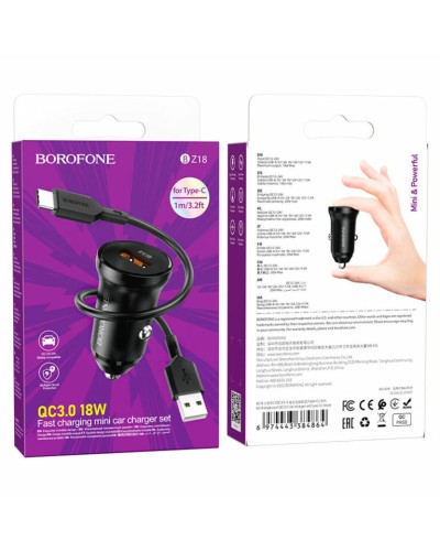 Автомобільний зарядний пристрій BOROFONE BZ18 single port QC3.0 car charger set(Type-C) 18W Black (BZ18CB)