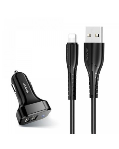 АЗП Usams Travel Car Charger Kit King Tu Series(U35 IP Cable 1M + C13 Dual USB Car Charger) Black (NTU35LC13TZ)