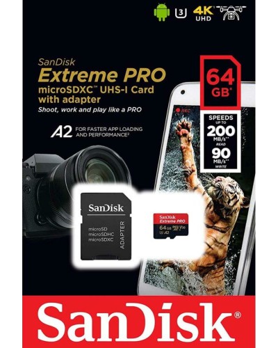 microSDXC (UHS-1 U3) SanDisk Extreme Pro A2 64Gb class 10 V30 (R200MB/s,W90MB/s) (adapter) (SDSQXCU-064G-GN6MA)