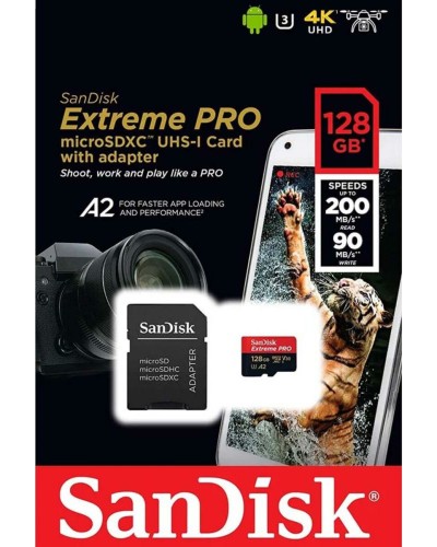 microSDXC (UHS-1 U3) SanDisk Extreme Pro A2 128Gb class 10 V30 (R200MB/s,W90MB/s) (adapter) (SDSQXCD-128G-GN6MA)