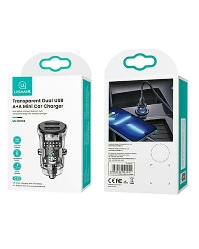 АЗП Usams US-CC162 C31 15W Transparent Dual USB A+A Mini Car Charger (CC162CC01)