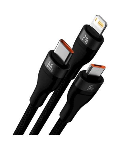 Кабель Baseus Flash Series Ⅱ One-for-three Fast Charging Data Cable USB to M+L+C 66W 1.2m Black (CASS040001)