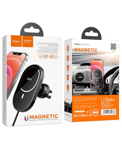 Тримач для мобiльного з БЗП HOCO CA90 Powerful magnetic wireless charging car holder Black (6931474744388)