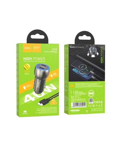 Автомобільний зарядний пристрій HOCO Z48 Tough 40W dual port(2C) car charger set(C to iP) Metal Gray (6931474795014)