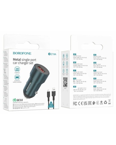 Автомобільний зарядний пристрій BOROFONE BZ19A Wisdom single port QC3.0 car charger set(Micro) 18W Sapphire Blue (BZ19AMSU)