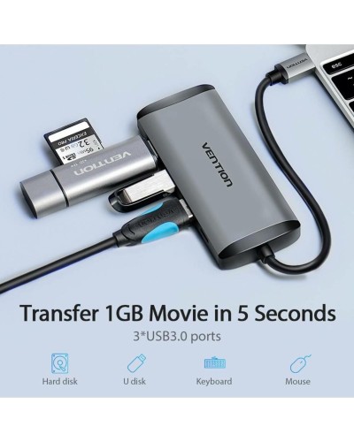 Хаб Vention Type-C to HDMI/USB3.0*3/PD Converter 0.15M Gray Metal Type (CNBHB) (CNBHB)