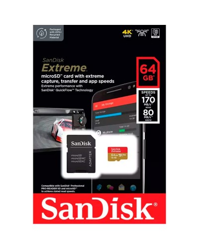 microSDXC (UHS-1 U3) SanDisk Extreme For Action Cams and Drones A2 64Gb class 10 V30 (R170MB/s,W80MB/s) (adapter) (SDSQXAH-064G-GN6AA)