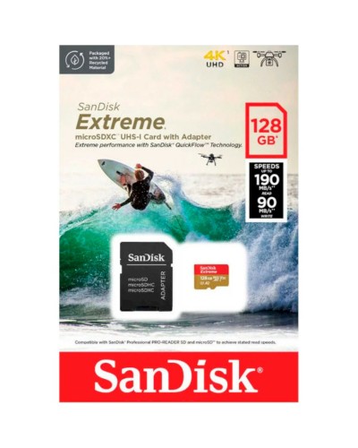 microSDXC (UHS-1 U3) SanDisk Extreme For Action Cams and Drones A2 128Gb class 10 V30 (R190MB/s,W90MB/s) (adapter) (SDSQXAA-128G-GN6AA)