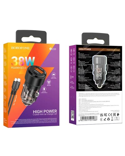 Автомобільний зарядний пристрій BOROFONE BZ20 Smart 38W dual port PD20W+QC3.0 car charger set(C to iP) Transparent Black (BZ20CLTB)