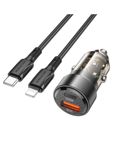 Автомобільний зарядний пристрій BOROFONE BZ20 Smart 38W dual port PD20W+QC3.0 car charger set(C to iP) Transparent Black (BZ20CLTB)