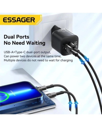 Мережевий зарядний пристрій Essager Camber 20W GaN travel Phone Charger A+C EU  black (ECTAC-HMB01-P) (ECTAC-HMB01-P)