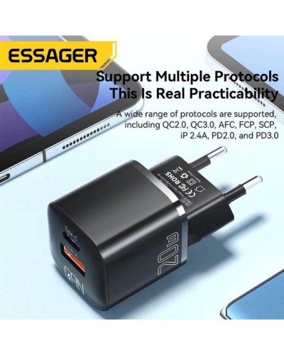 Мережевий зарядний пристрій Essager Camber 20W GaN travel Phone Charger A+C EU  black (ECTAC-HMB01-P) (ECTAC-HMB01-P)