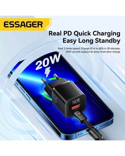 Мережевий зарядний пристрій Essager Camber 20W GaN travel Phone Charger A+C EU  black (ECTAC-HMB01-P) (ECTAC-HMB01-P)