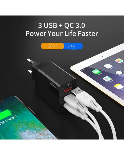 Мережевий зарядний пристрій Essager Fangbo QC3.0 3U (QC+Dual 2.4A) Charging Head  black (ECTQC3-FBB01 (ECTQC3-FBB01)