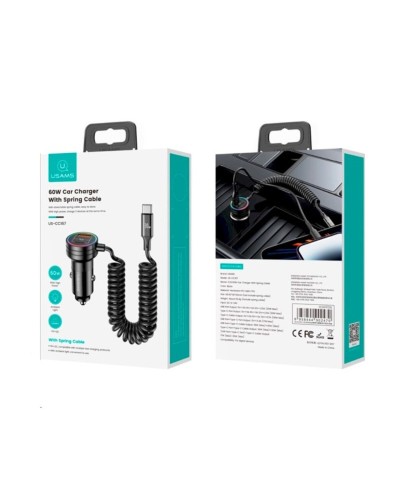 АЗП Usams US-CC167 C33 30W Car Charger With Spring Cable Black (CC167CC01)