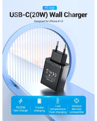 Зарядний пристрій Vention 1-port USB-C Wall Charger(20W) EU-Plug Black (FADB0-EU) (FADB0-EU)