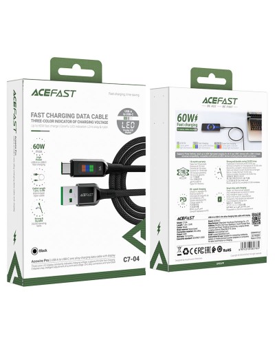 Кабель ACEFAST C7-04 USB to Type-C 3A, 1.2m, nylon, zinc connectors, LED, Black (6974316282785)