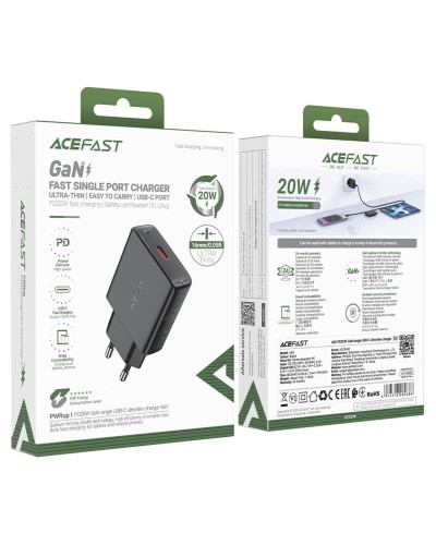 Мережевий зарядний пристрій ACEFAST A65 PD20W GaN single USB-C ultra-thin charger Black (6974316282686)